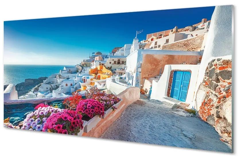 Sklenený obraz Budovy Grécko morské kvety 125x50 cm