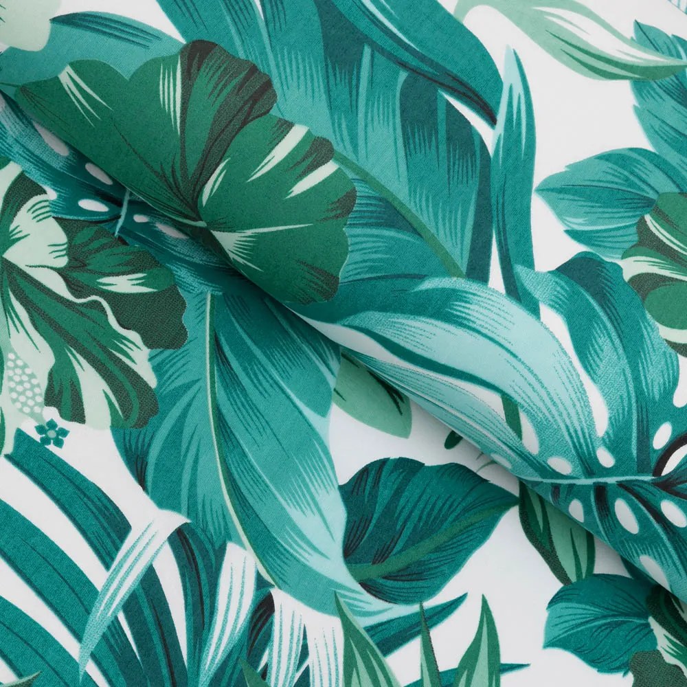 Biante Bavlnený behúň na stôl Sandra SA-484 Modro-zelené kvety a listy monstery na bielom 45x160 cm