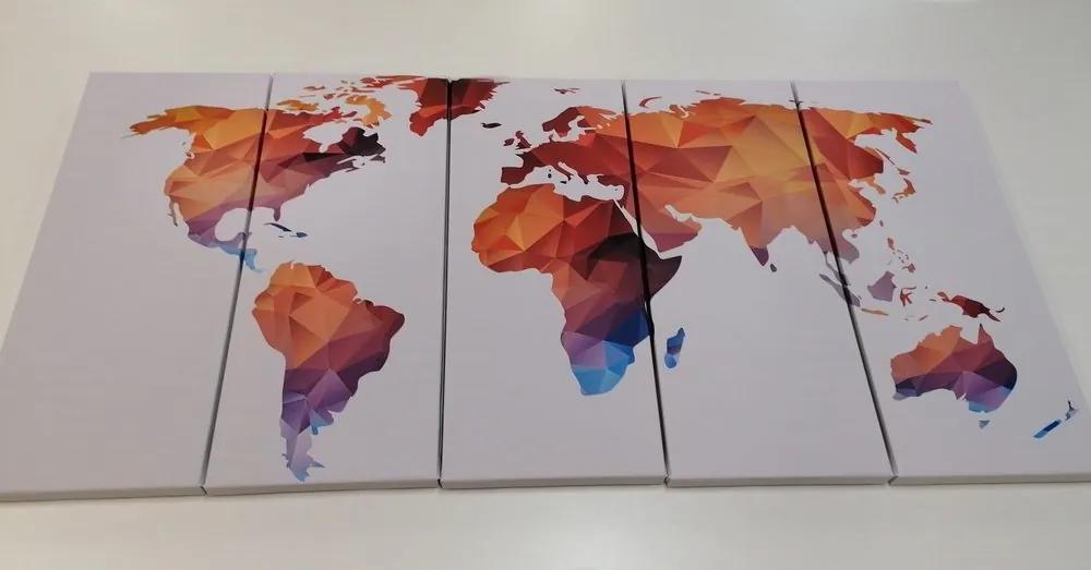 5-dielny obraz polygonálna mapa sveta v odtieňoch oranžovej - 200x100