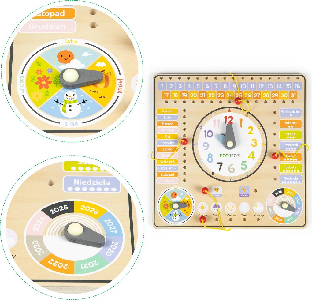 ECOTOYS Drevená edukačná tabuľa - kalendár a hodiny pre deti, dni a mesiace (poľské názvy)