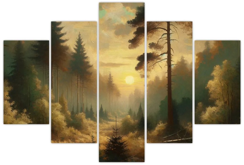 Obraz - Slnko žiariace lesom (150x105 cm)