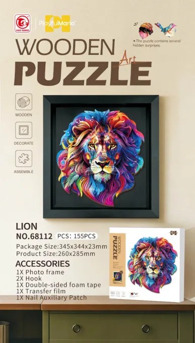 Drevené puzzle Lev s rámikom - 155 dielikov