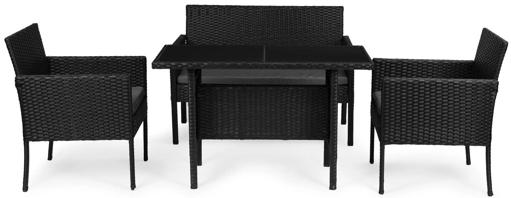 Sada záhradného nábytku z technorattanu, lavica, stôl, stoličky, čierna, MultiGarden
