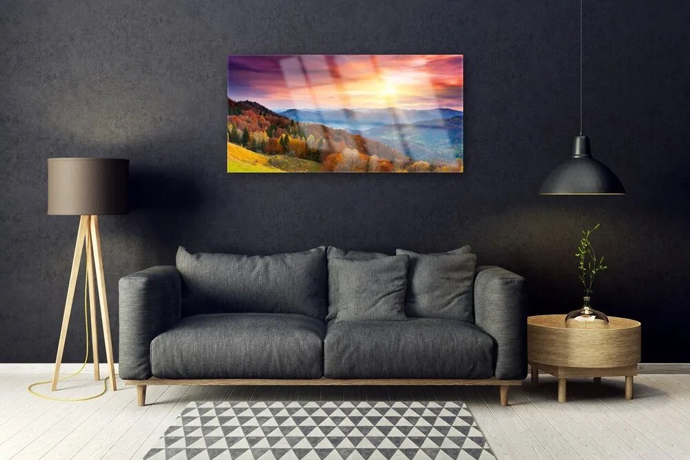 Skleneny obraz Hora les slnko krajina 125x50 cm
