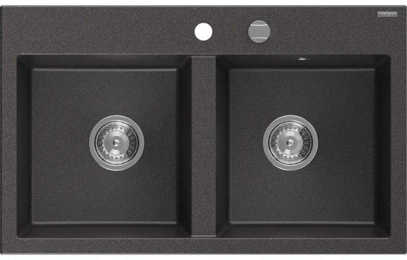 Mexen Hektor, 2-komorový granitový drez 800x480x205 mm, čierna škvrnitá, chrómový sifón, 6521802000-76