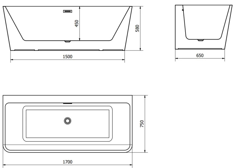 Mexen Volta, voľne stojaca nástenna vaňa 170 x 75 cm, biela, brúsená oceľ prepad, 51131707500-97
