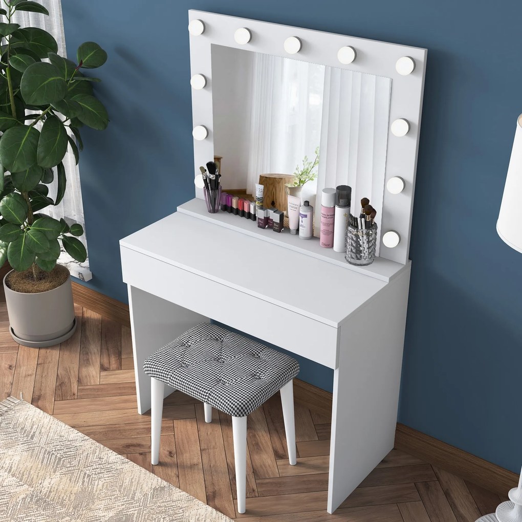 Minimalistický toaletní stolek Alisson III s LED zrcadlem a taburetem bílý
