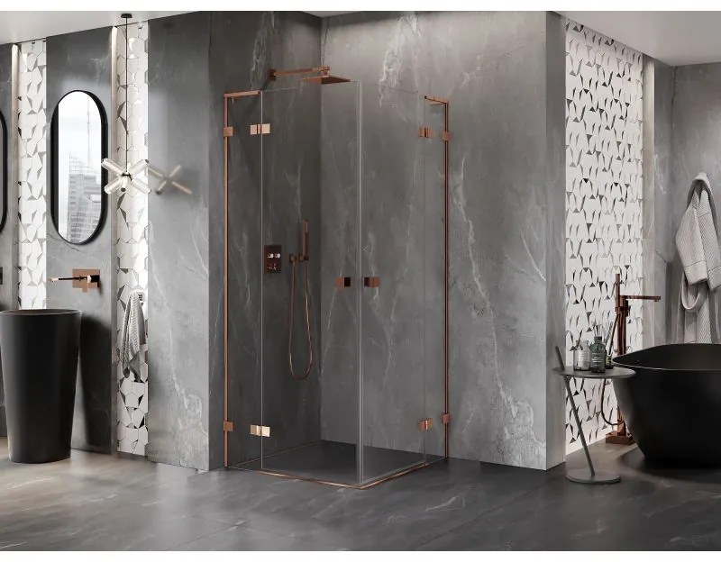 Mexen Lunar, L Duo výklopný sprchový kút 95 x 95 cm, 8mm číre sklo, profil ružové zlato, 834L-095L-095P-60-00