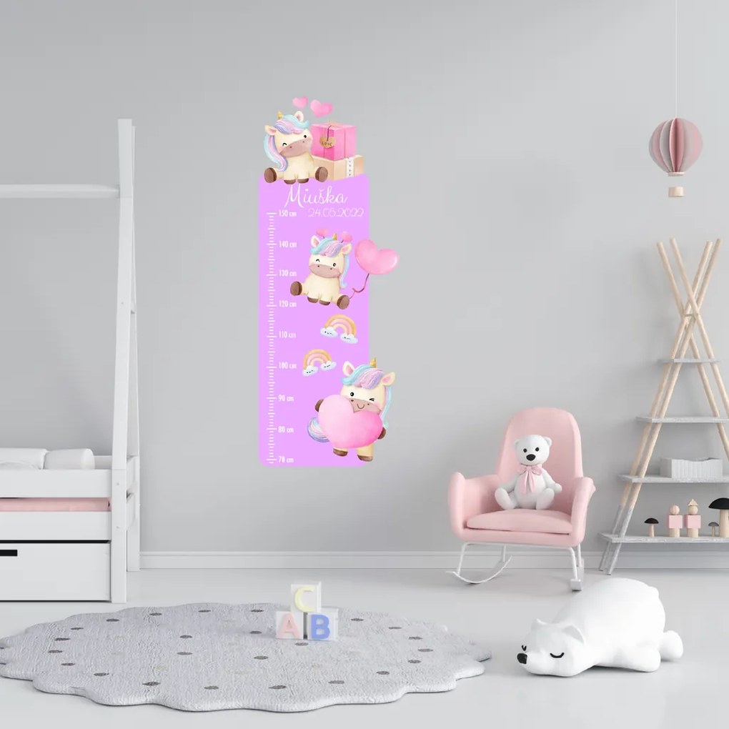 50x120cm Detský meter s menom - Jednorožce - textilná nálepka na stenu