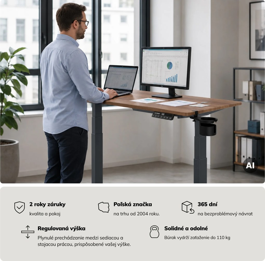 Elektrický stôl s reguláciou výšky ergonomický antracitový/orech,1200x600 mm: ARIA