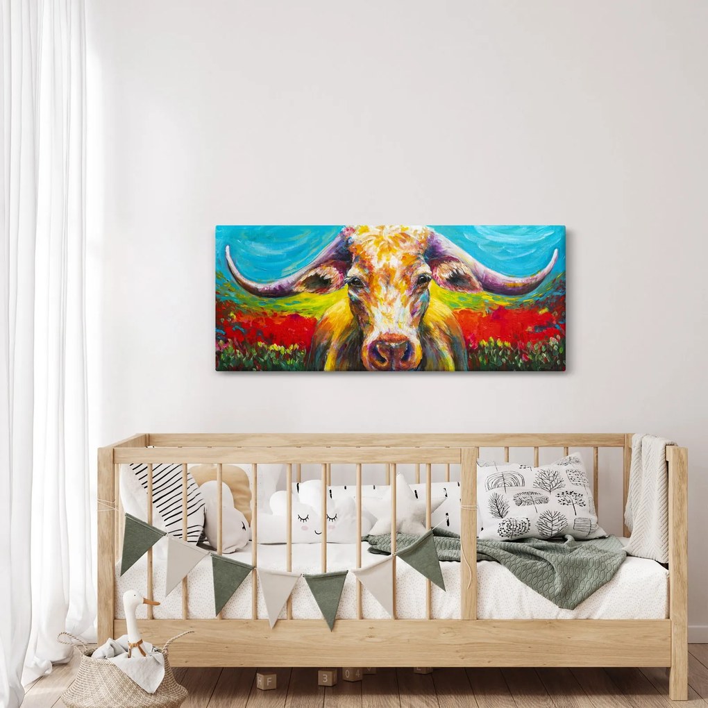 Obraz - Maľovaná krava (120x50 cm)