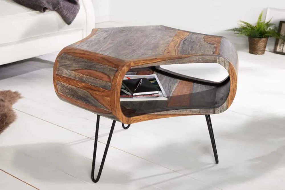 Dizajnový konferenčný stolík Lorelei, 70 cm, sheesham, sivý