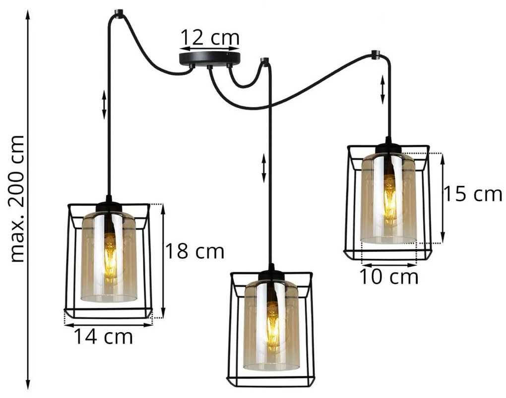 Závesné svietidlo HELLA CAGE SPIDER, 3x medové sklenené tienidlo v kovovom ráme
