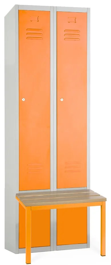 Kovová šatníková skrinka s lavičkou, 60 x 85 x 185 cm, sokel, cylindrický zámok, oranžová - ral 2004