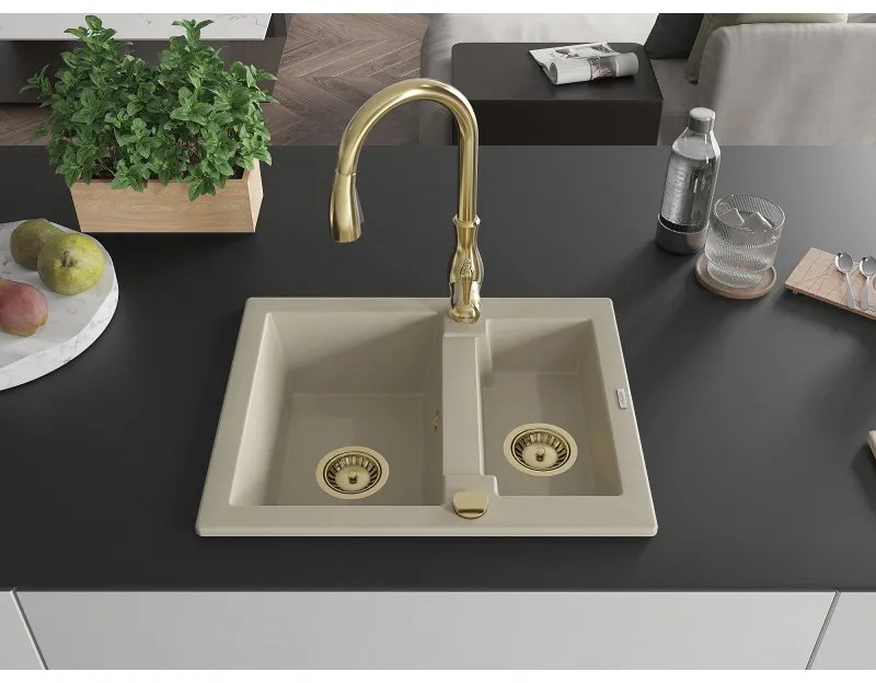 Mexen Carlos, 1,5-komorový granitový drez 582x475x177 mm a drezová batéria Savita, béžová, 6518-69-672601-50