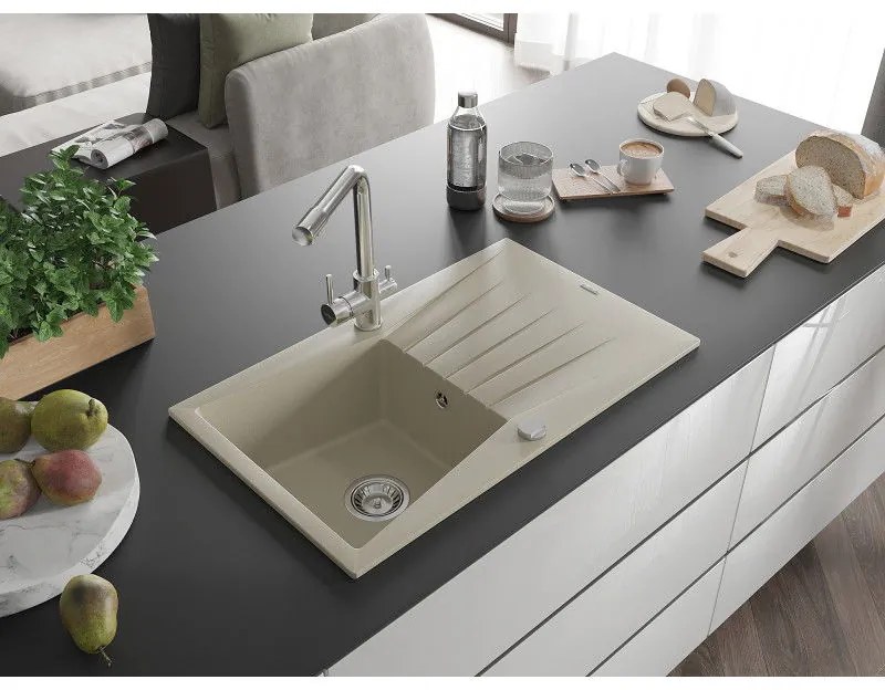 Mexen Cesar, granitový drez 775x470x190 mm, 1-komorový a chrómová batéria Duero, béžová, 6514-69-671600-00