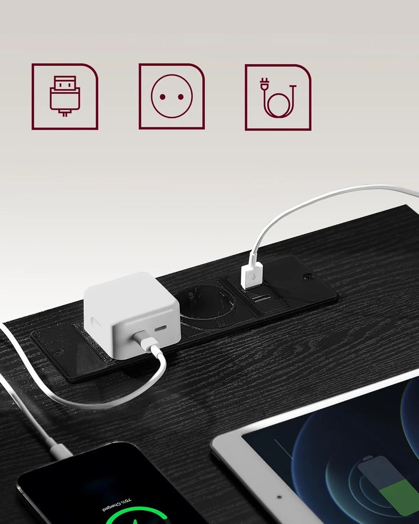 Sada 2 nočných stolíkov, 3 zásuvky, 2 AC zásuvky, 2 USB porty, čierne