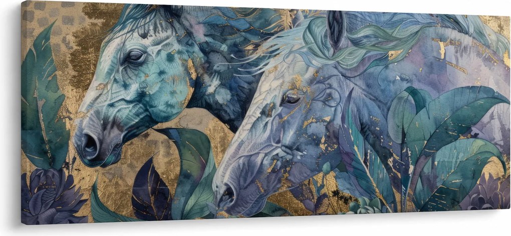 Obraz - Kone so zlatým pozadím (120x50 cm)