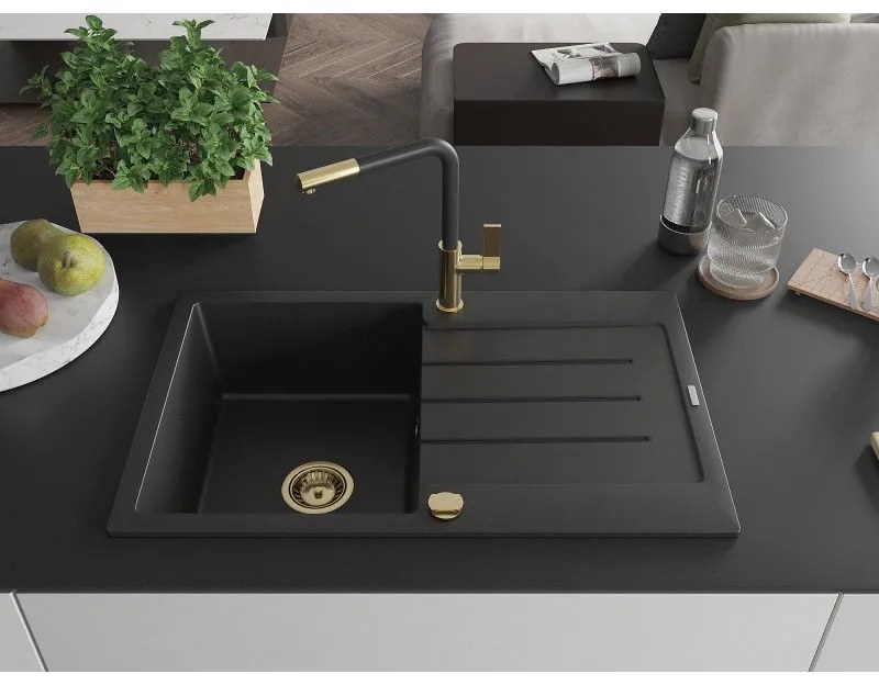 Mexen Bruno, 1-komorový granitový drez 795x495x200 mm a drezová batéria Flora, čierna, 6513-77-670401-57-G