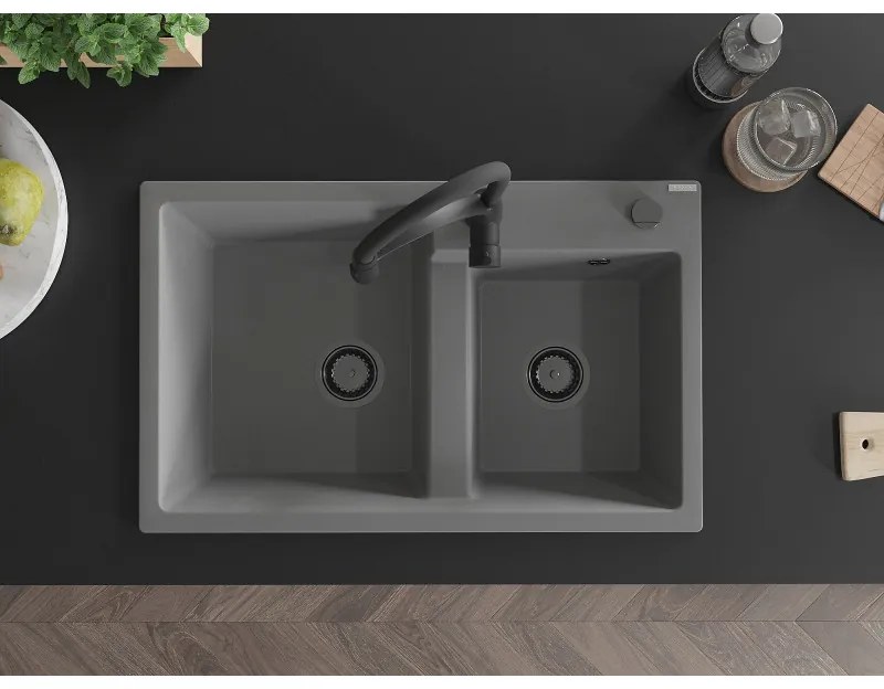 Mexen Tomas, 2-komorový granitový drez 800x500x190 mm a drezová batéria Aster, šedá, 6516-71-73450-70-B