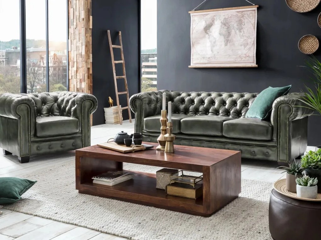 furniture-nabytek.cz - Dvoumístná pohovka Chesterfield z pravé kůže, zelená – 155×90×72 cm