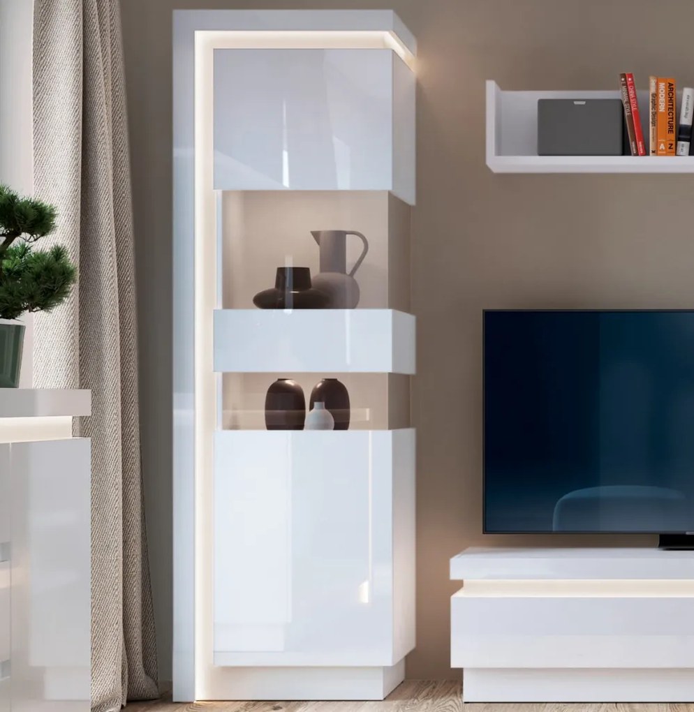 Vysoká vitrína Lyon, biela lesk, s osvetlením, pravá