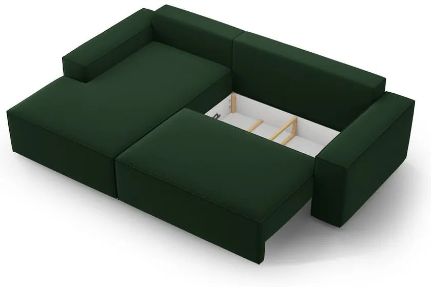 Tmavozelená zamatová rozkladacia/s úložným priestorom rohová pohovka (ľavý roh/s leňoškou) Jodie – Micadoni