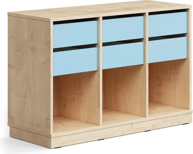Úložná skrinka CASPER, 6 zásuviek, 3 priehradky, so soklom, breza/sky blue