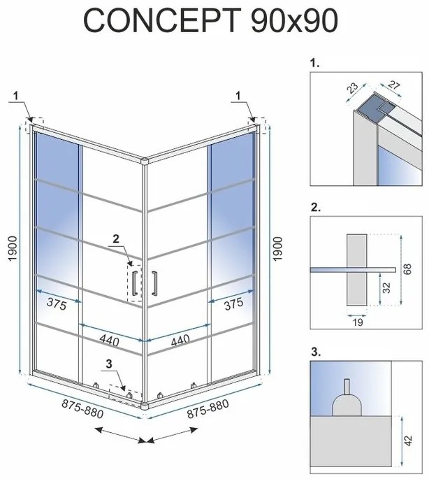 Rea Concept, sprchový kút s posuvnými dverami 90 (dvere) x 90 (dvere) x 190 cm, 5mm číre sklo, čierny profil, REA-K5478