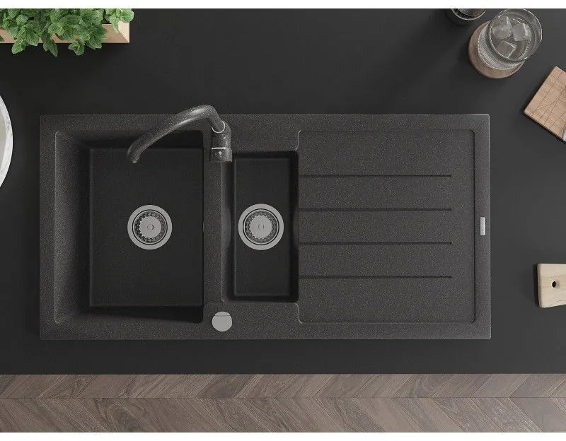 Mexen Andres 1,5-komorový granitový kuchynský drez s odkvapkávačom 100x50 cm a kuchynská batéria Telma, čierna-škvrnitá, 6515-76-670200-76