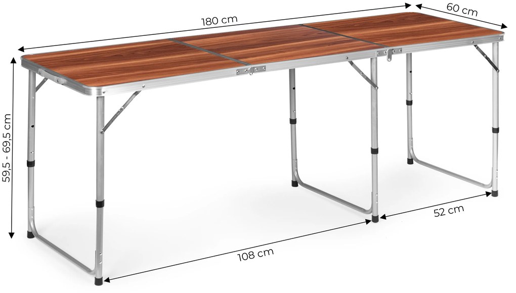 ModernHome Turistický stolík rozkladací kempingový stolík hnedá doska 180 x 60 cm