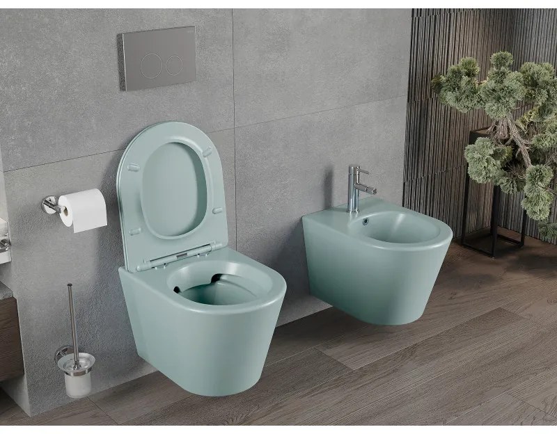 Mexen Rico, závesné WC Rimless s WC doskou slim, duroplast, zelená matná, 30724048