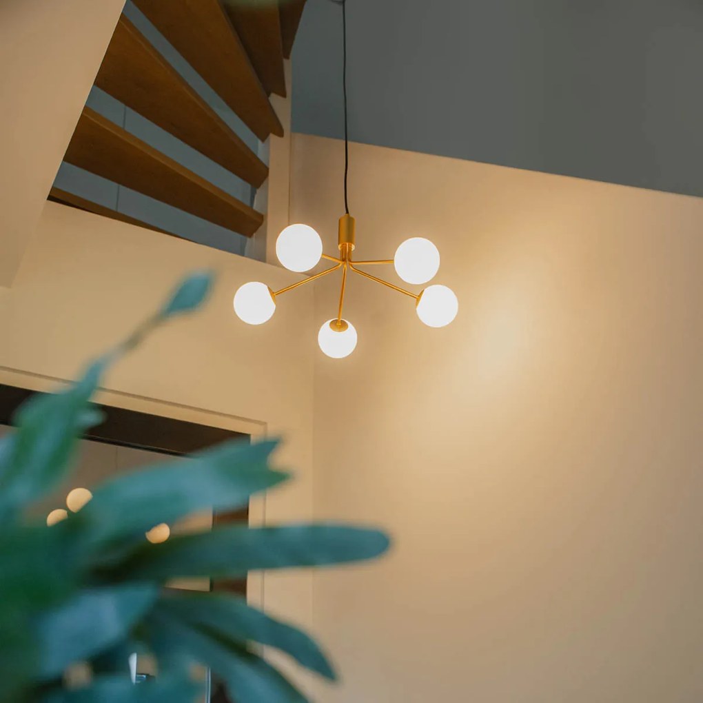 Závesné svietidlo v štýle Art Deco zlaté s opálovým sklom 5-žiarovkové - Coby