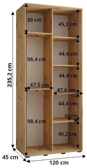 Šatníková skriňa ASIRI 7 - 120/45 cm, čierna / dub artisan / čierna