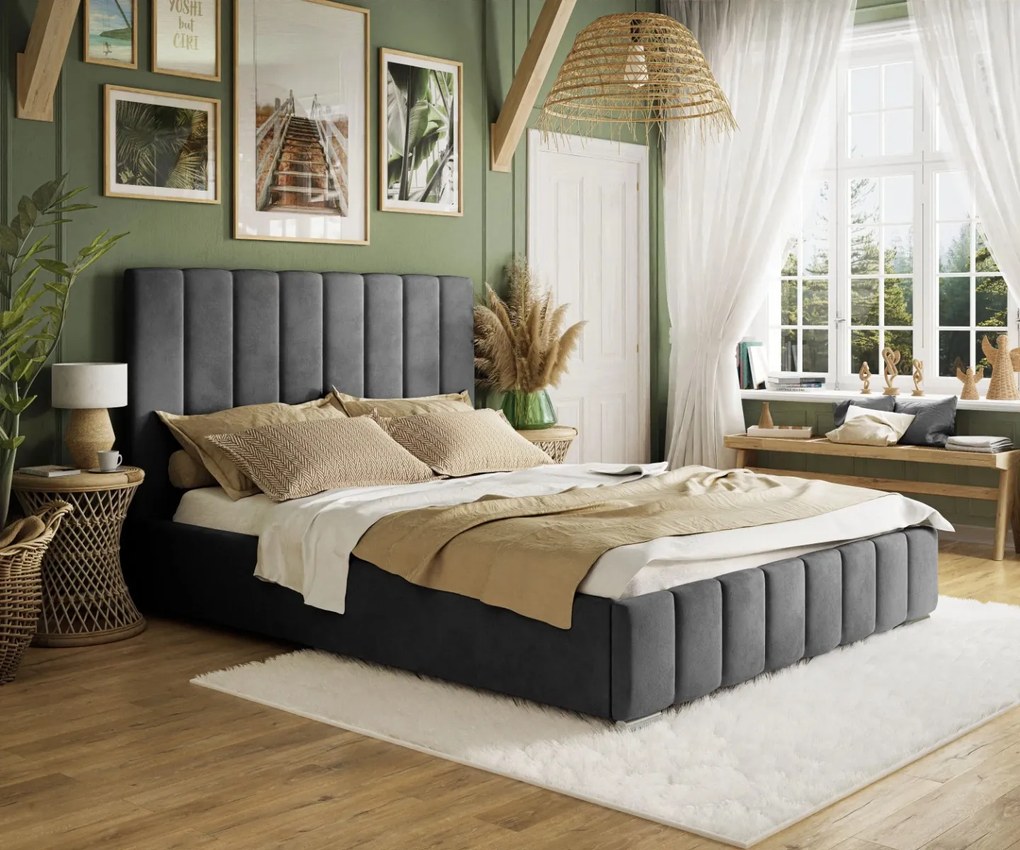 ANGIE 180X200 ČALÚNENÁ MANŽELSKÁ POSTEĽ TMAVOSIVÁ LÁTKA S ÚLOŽNÝM PRIESTOROM