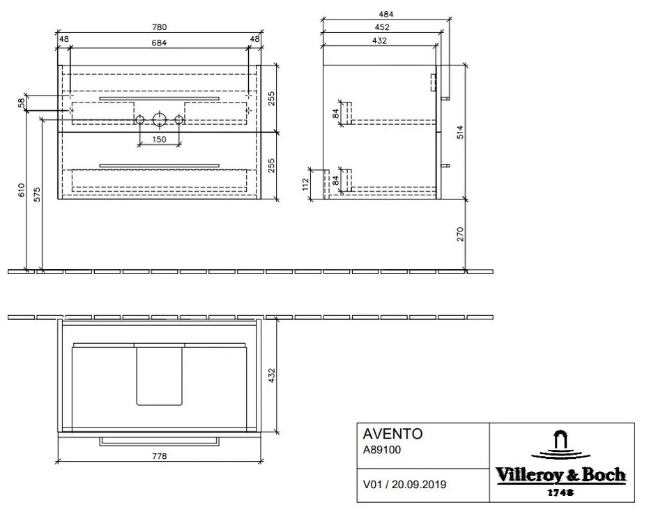 Villeroy & Boch AVENTO : spodná skrinka 780x514x452mm, 2 výsuvné diely, Crystal White, A89100B4