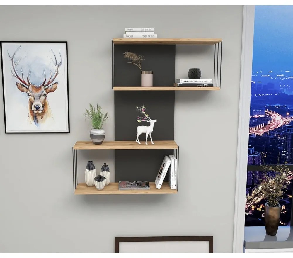 Poschodová polica v dekore borovice v antracitovej a prírodnej farbe 65 cm Destan – Kalune Design