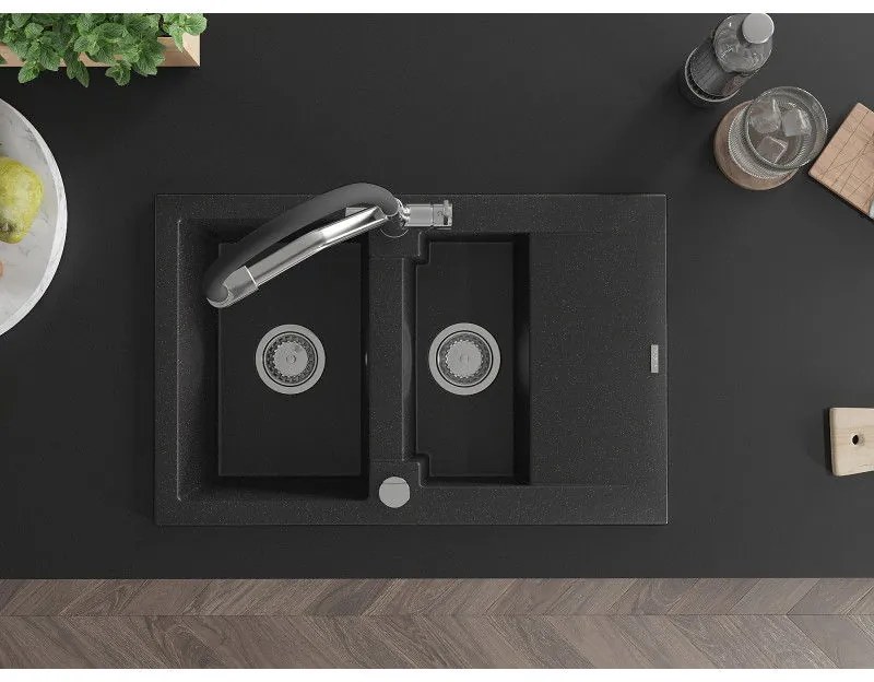 Mexen Gaspar, granitový drez 737x475x177 mm, 1,5-komorový a drezová batéria Duo, čierna-strieborná metalíza, 6507-73-671701-07