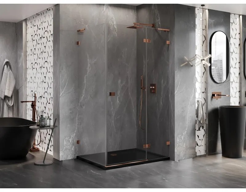 Mexen Lunar, L pravý výklopný sprchový kút 95 x 80 cm, 8mm číre sklo, profil ružové zlato, 834L-095-080-60-00-P