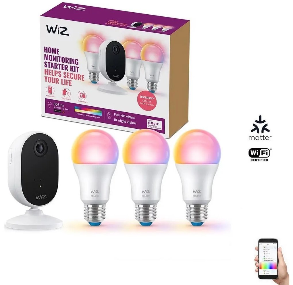 WiZ WiZ-Sada na monitorovanie domácnosti: 1xkamera+ 3xLED RGB žiarovka 8,5W/230V Wi-Fi WI0121