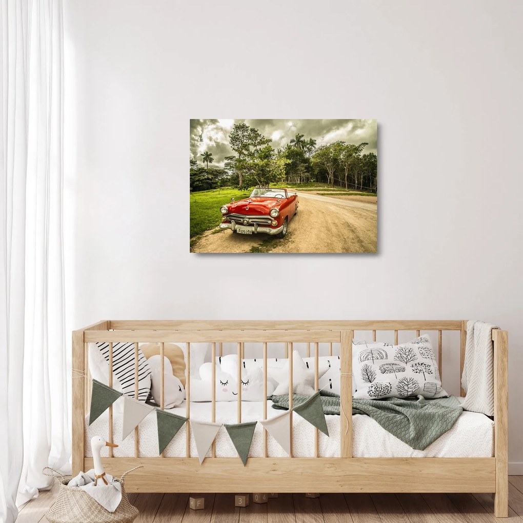 Sklenený obraz - auto veterán v prírode (70x50 cm)