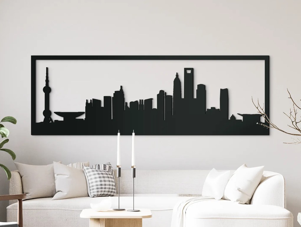 drevko Obraz Šanghaj panoráma Rozmer obrazu: 29,5 x 89 cm, Farba dekorácie: Čierna