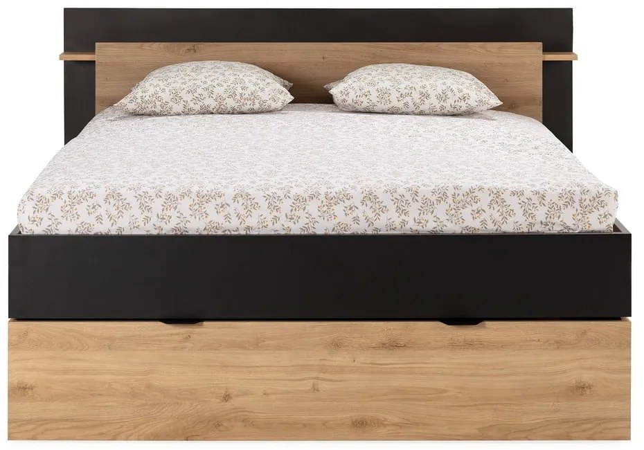 Dvojlôžková posteľ v dekore duba s úložným priestorom bez roštu v čierno-prírodnej farbe 160x200 cm Albo – Marckeric