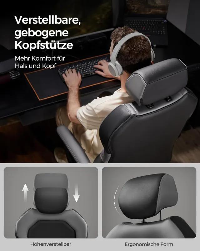 SONGMICS Herná stolička nastaviteľná, ergonomická, opierka hlavy, čierna, šedá