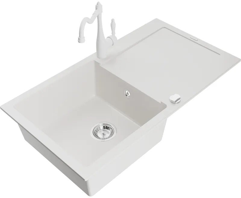 Mexen Leo, granitový drez 900x500x190 mm, 1-komorový a drezová batéria Carla, biela, 6501-20-670700-20