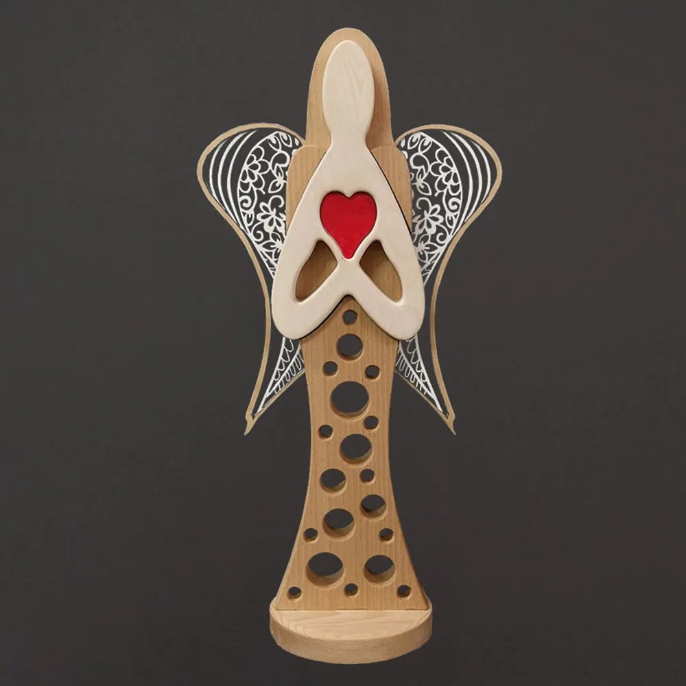 AMADEA Drevený anjel na podstavci s bielymi krídlami a červeným srdcom, masívne drevo, 63x31 cm, český výrobok