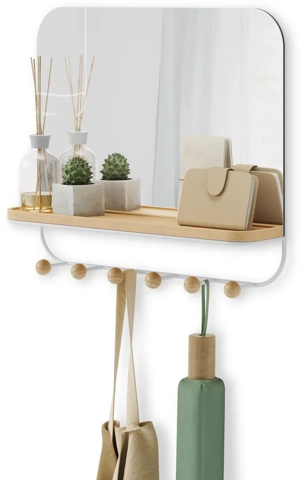 Biely prírodný nástenný vešiak z bukového dreva s poličkou Estique - Umbra