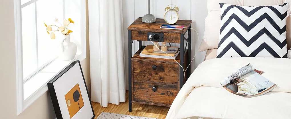 Noční stolek Vasagle Zrava s nabíjecí stanicí 60 cm hnědý/černý