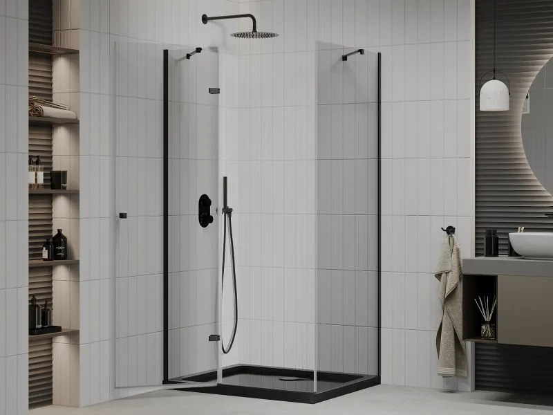 Mexen Roma, sprchovací kút s 1-krídlovými dverami 90 (dvere) x 100 (stena) cm, 6mm číre sklo, čierny profil, slim sprchová vanička 5cm čierna s čiernym sifónom, 854-090-100-70-00-4070B