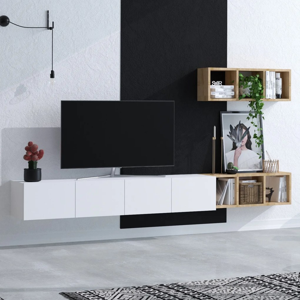 TV stolík/skrinka Panda 2 (Biela + Dub). Akcia -15%. Vlastná spoľahlivá doprava až k Vám domov. 1073377